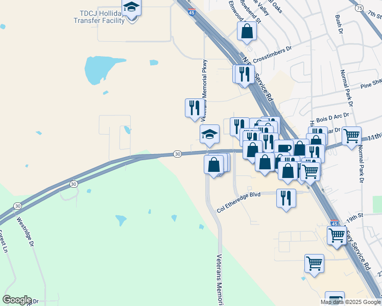 map of restaurants, bars, coffee shops, grocery stores, and more near 3441 State Highway 30 in Huntsville