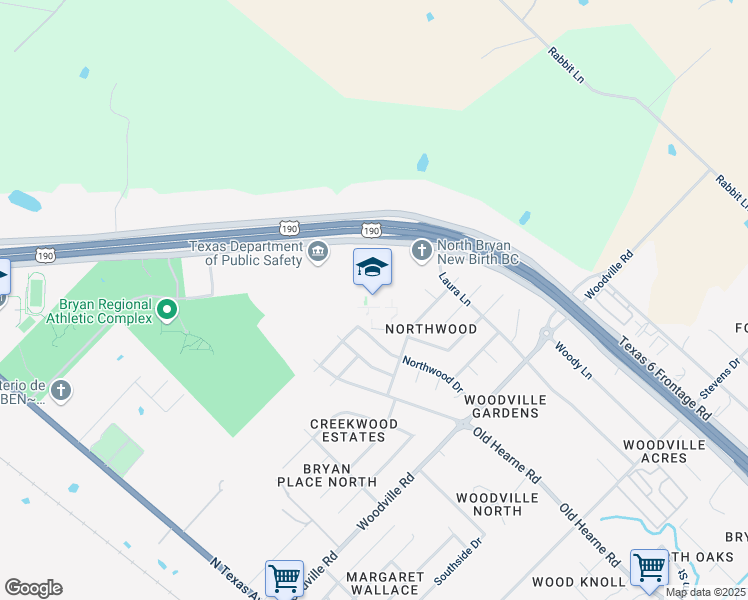 map of restaurants, bars, coffee shops, grocery stores, and more near 4619 Northwood Drive in Bryan