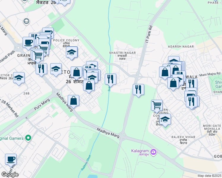 map of restaurants, bars, coffee shops, grocery stores, and more near 1046 Dakshin Marg in Chandigarh