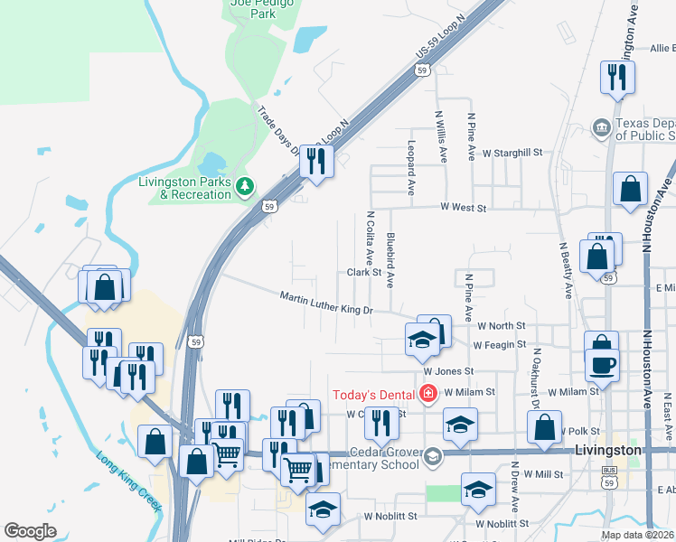 map of restaurants, bars, coffee shops, grocery stores, and more near 1202 Dunbar Street in Livingston