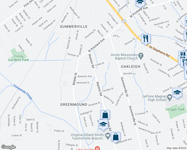 map of restaurants, bars, coffee shops, grocery stores, and more near 2400 Brewton Avenue in Mobile