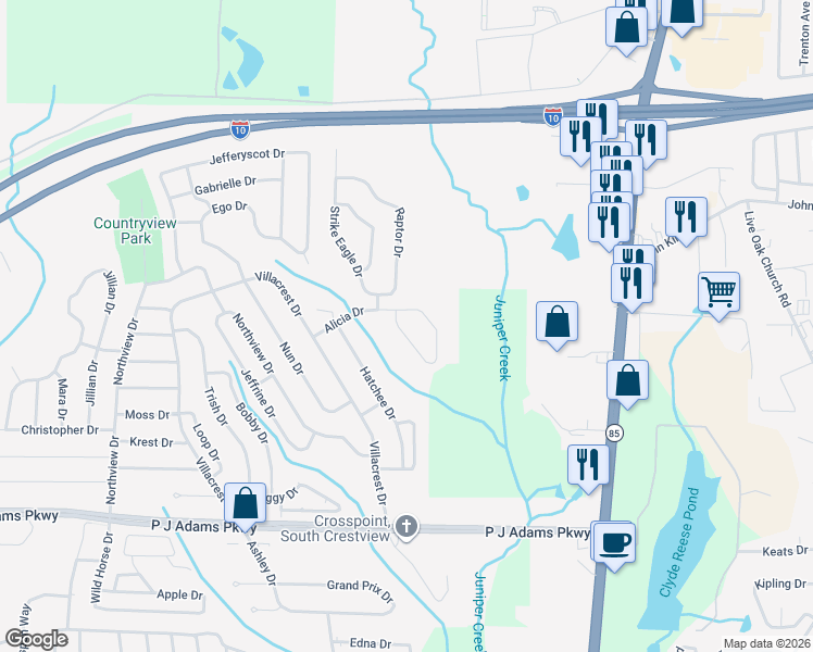 map of restaurants, bars, coffee shops, grocery stores, and more near 141 Alicia Drive in Crestview
