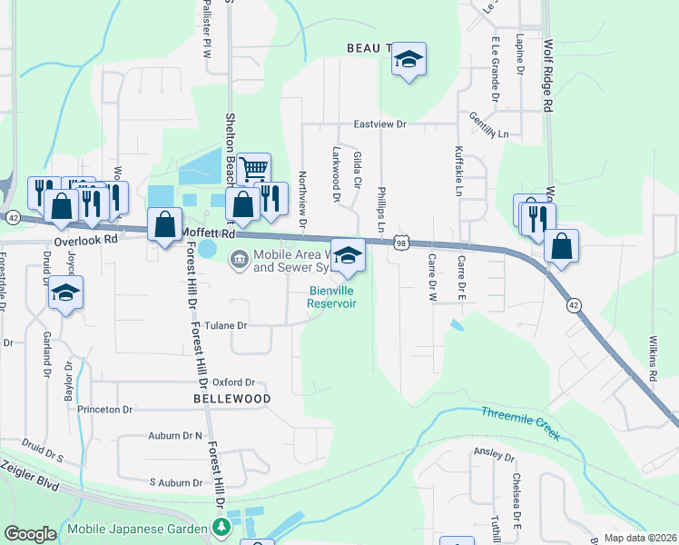 map of restaurants, bars, coffee shops, grocery stores, and more near 4651-4669 Tulane Drive in Mobile