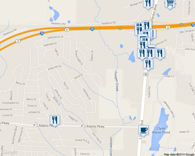 map of restaurants, bars, coffee shops, grocery stores, and more near 105 Alicia Drive in Crestview