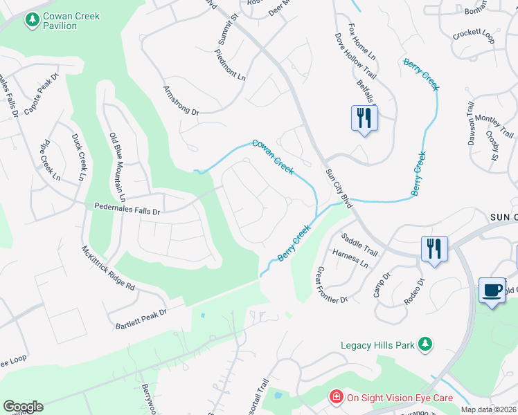 map of restaurants, bars, coffee shops, grocery stores, and more near 204 Cathedral Mountain Pass in Georgetown
