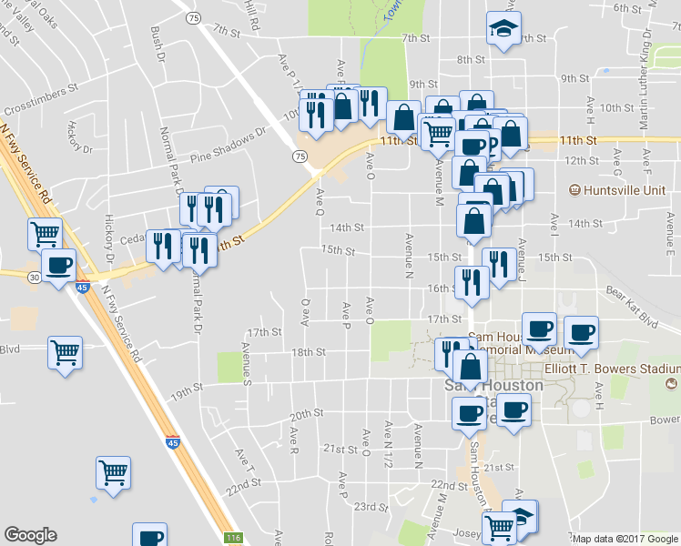 map of restaurants, bars, coffee shops, grocery stores, and more near 1524 Avenue P in Huntsville