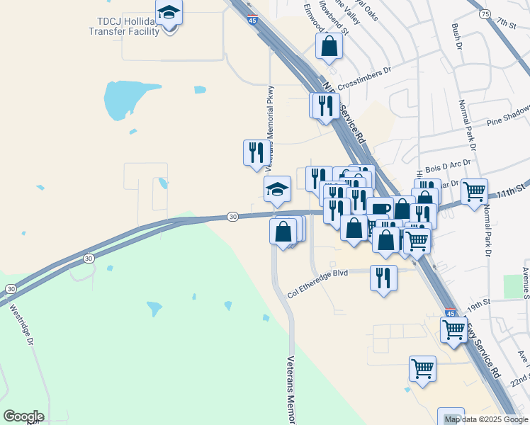 map of restaurants, bars, coffee shops, grocery stores, and more near 3190 State Highway 30 in Huntsville