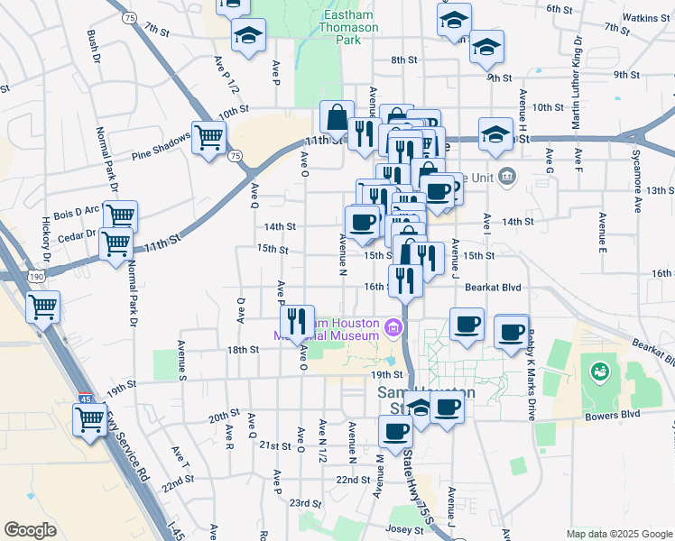 map of restaurants, bars, coffee shops, grocery stores, and more near 1514 Avenue North in Huntsville