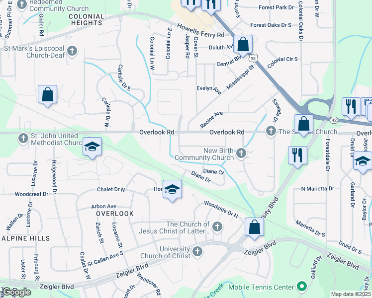 map of restaurants, bars, coffee shops, grocery stores, and more near 5675 Renn Street in Mobile