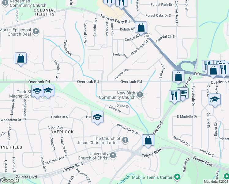 map of restaurants, bars, coffee shops, grocery stores, and more near 5653 Renn Street in Mobile