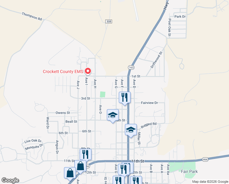 map of restaurants, bars, coffee shops, grocery stores, and more near 206 Avenue G in Ozona