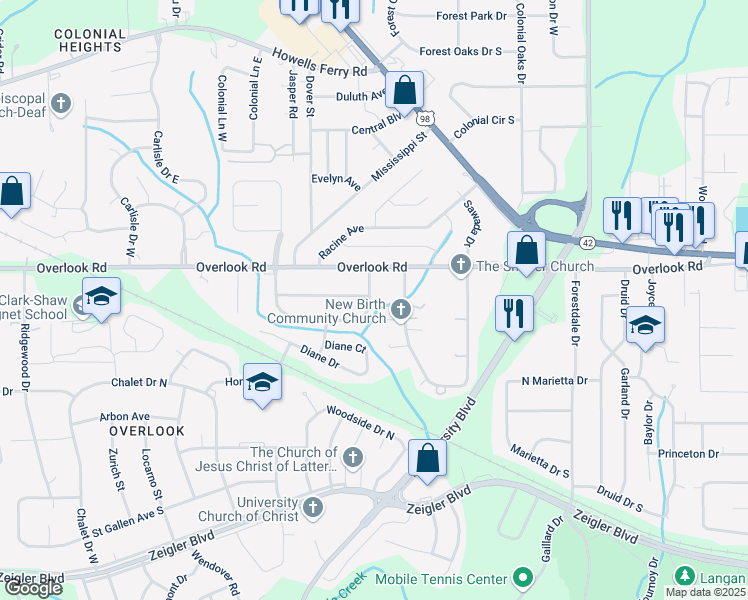 map of restaurants, bars, coffee shops, grocery stores, and more near 1406 East Morlee Drive in Mobile