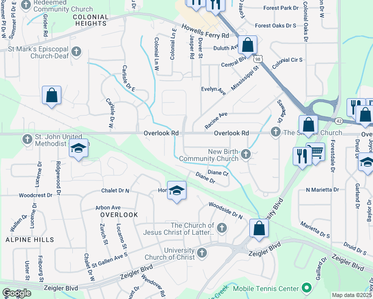 map of restaurants, bars, coffee shops, grocery stores, and more near 5675 Renn Street in Mobile