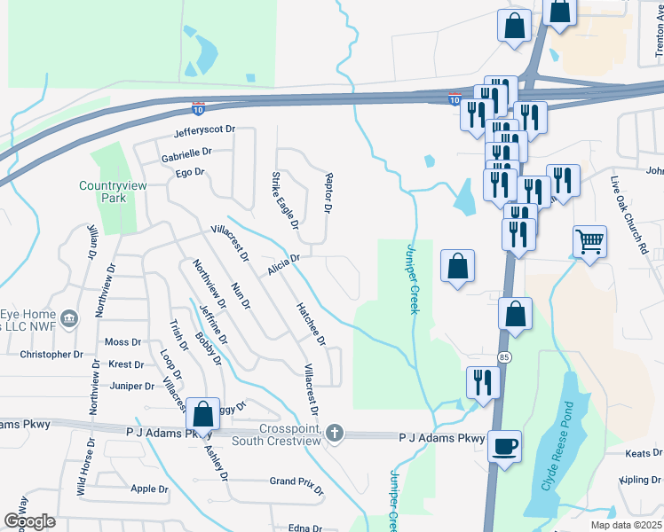 map of restaurants, bars, coffee shops, grocery stores, and more near 145 Alicia Drive in Crestview