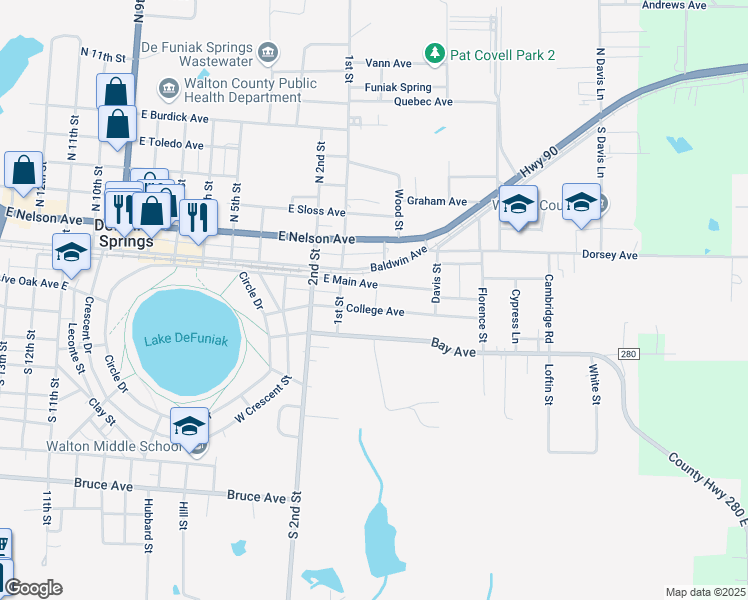 map of restaurants, bars, coffee shops, grocery stores, and more near 291 College Avenue in DeFuniak Springs