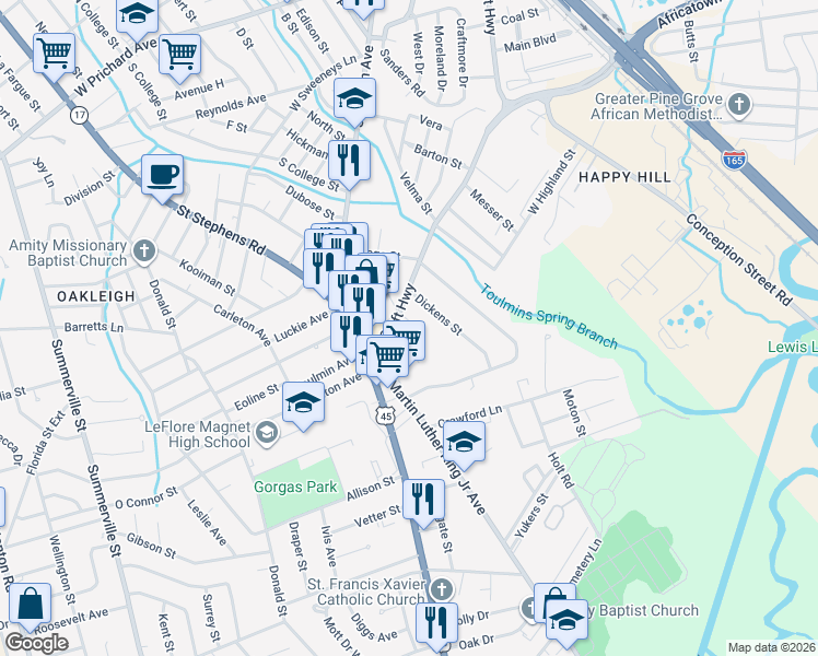 map of restaurants, bars, coffee shops, grocery stores, and more near 2221 Craft Court in Mobile
