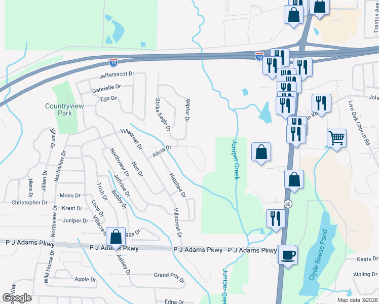map of restaurants, bars, coffee shops, grocery stores, and more near 146 Alicia Drive in Crestview