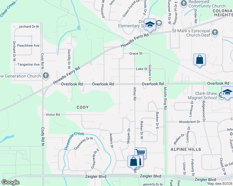 map of restaurants, bars, coffee shops, grocery stores, and more near 1462 Roderick Road in Mobile