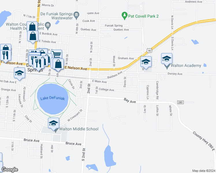 map of restaurants, bars, coffee shops, grocery stores, and more near 291 College Avenue in DeFuniak Springs