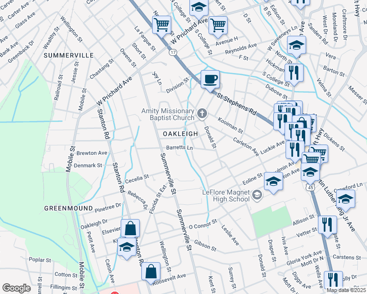 map of restaurants, bars, coffee shops, grocery stores, and more near 2151 Barretts Lane in Mobile