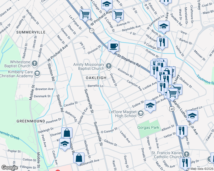 map of restaurants, bars, coffee shops, grocery stores, and more near 2054 Barretts Lane in Mobile