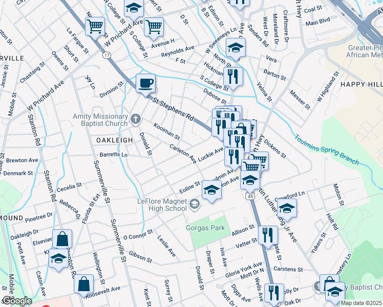 map of restaurants, bars, coffee shops, grocery stores, and more near 818 Carleton Avenue in Mobile