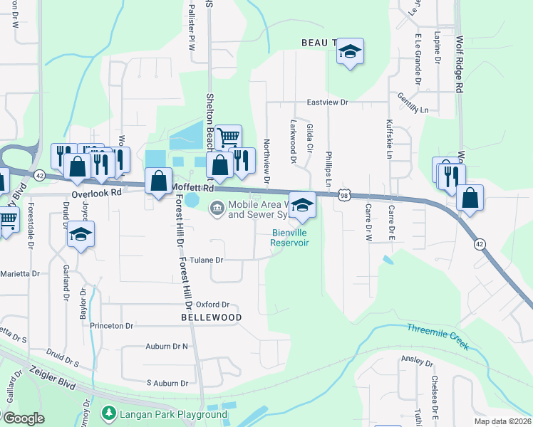 map of restaurants, bars, coffee shops, grocery stores, and more near 4628 Saint Charles Court in Mobile