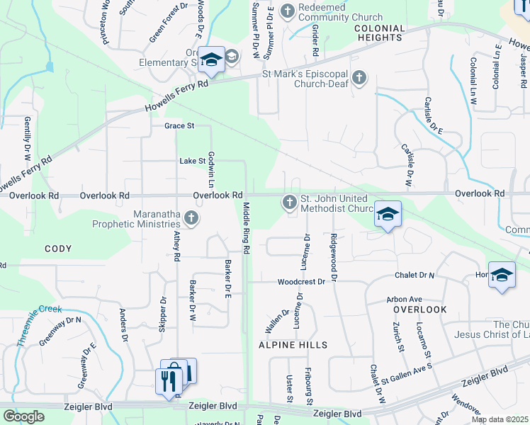 map of restaurants, bars, coffee shops, grocery stores, and more near 6275 Overlook Road in Mobile