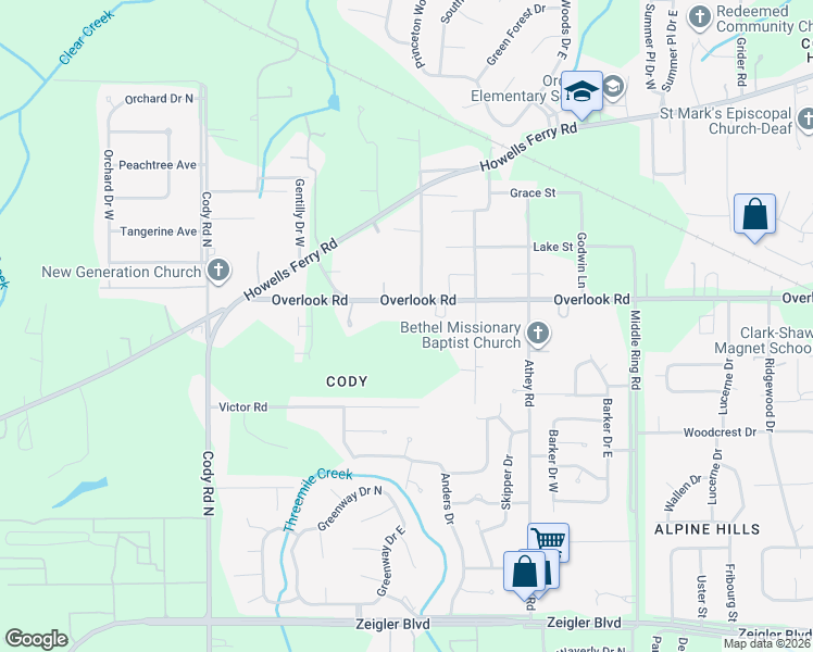 map of restaurants, bars, coffee shops, grocery stores, and more near 6759 Overlook Road in Mobile