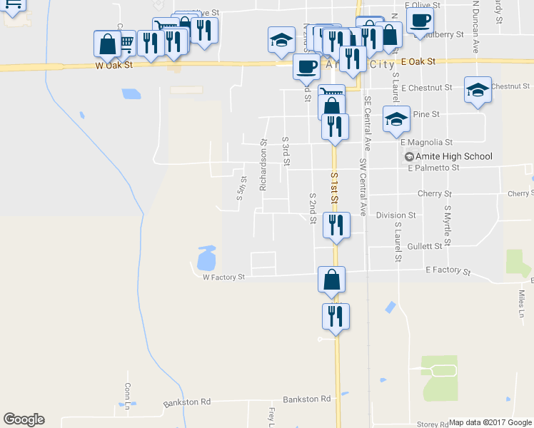 map of restaurants, bars, coffee shops, grocery stores, and more near 413 Sycamore Street in Amite City