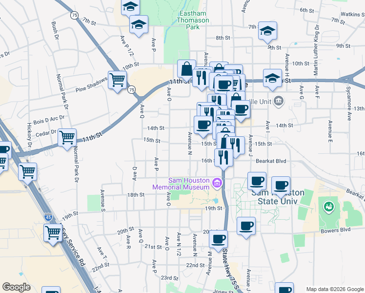 map of restaurants, bars, coffee shops, grocery stores, and more near 1514 Avenue North in Huntsville