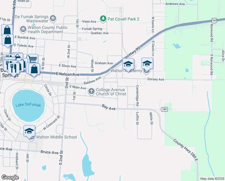 map of restaurants, bars, coffee shops, grocery stores, and more near 194 Florence Street in DeFuniak Springs