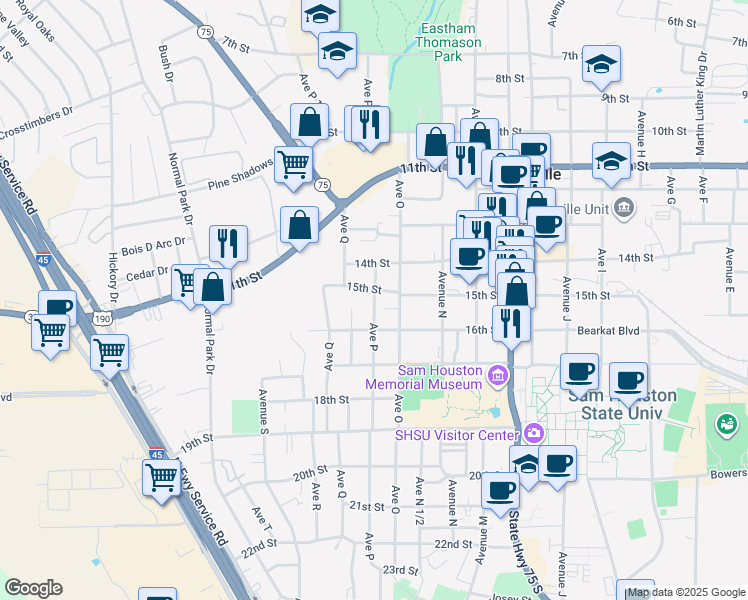 map of restaurants, bars, coffee shops, grocery stores, and more near 1524 Avenue P in Huntsville