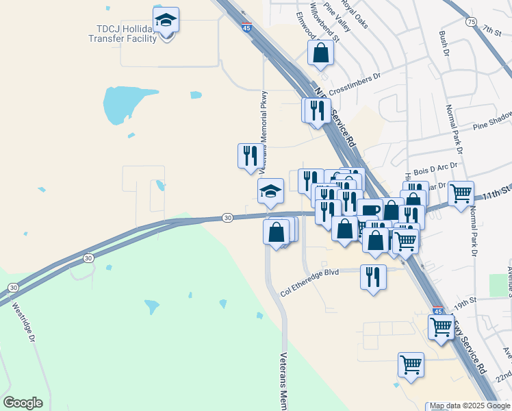 map of restaurants, bars, coffee shops, grocery stores, and more near 3190 State Highway 30 in Huntsville