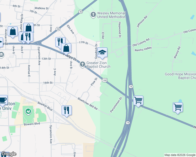 map of restaurants, bars, coffee shops, grocery stores, and more near 600 U.S. 190 in Huntsville