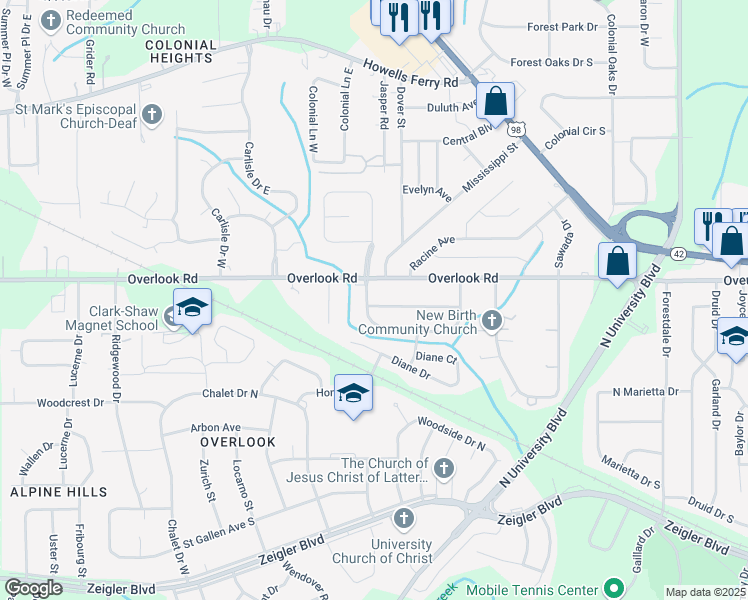 map of restaurants, bars, coffee shops, grocery stores, and more near 5676 Renn Street in Mobile