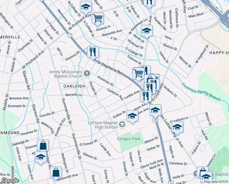 map of restaurants, bars, coffee shops, grocery stores, and more near 1868 Jones Avenue in Mobile
