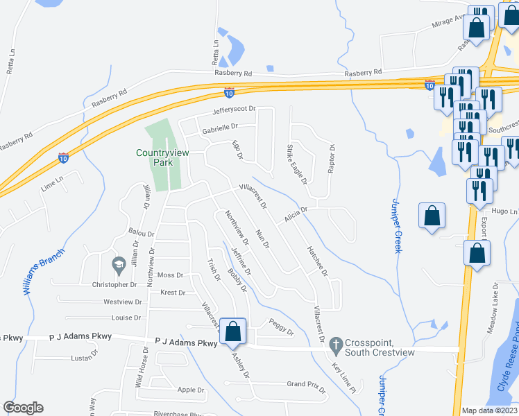 map of restaurants, bars, coffee shops, grocery stores, and more near 155 Villacrest Drive in Crestview