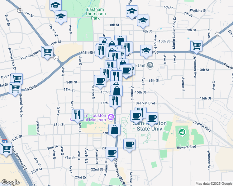 map of restaurants, bars, coffee shops, grocery stores, and more near 1522 Sam Houston Avenue in Huntsville
