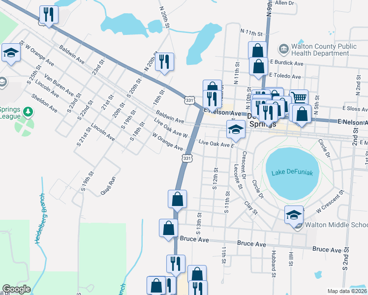 map of restaurants, bars, coffee shops, grocery stores, and more near 24 West Orange Avenue in DeFuniak Springs