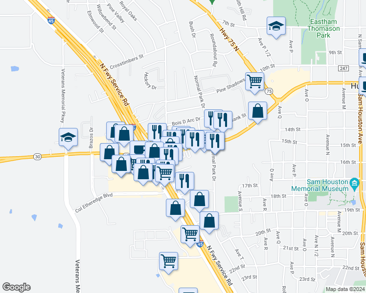 map of restaurants, bars, coffee shops, grocery stores, and more near 2640 11th Street in Huntsville