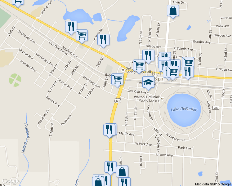 map of restaurants, bars, coffee shops, grocery stores, and more near 24 West Orange Avenue in DeFuniak Springs