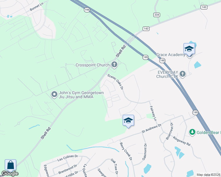 map of restaurants, bars, coffee shops, grocery stores, and more near 3700 Shell Road in Georgetown