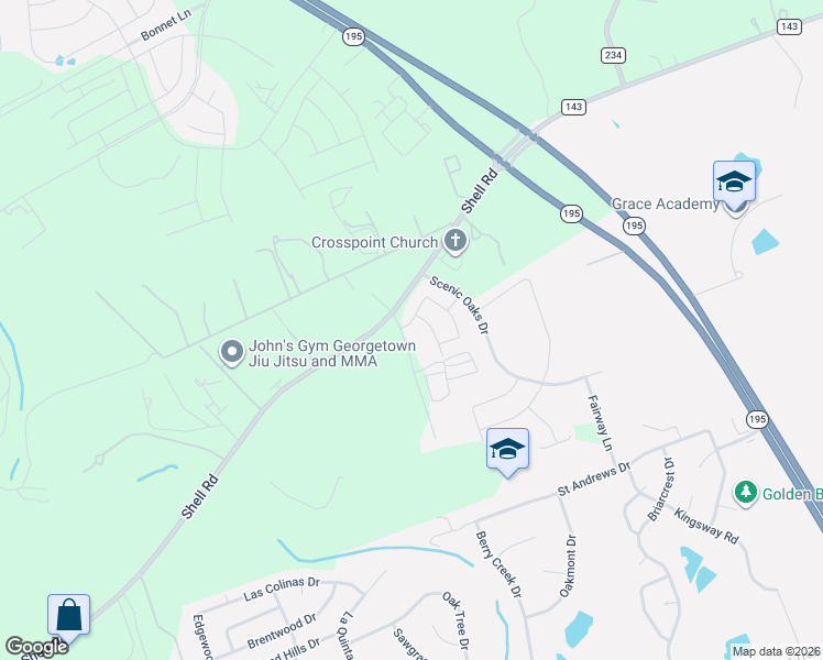 map of restaurants, bars, coffee shops, grocery stores, and more near 3510 Shell Road in Georgetown