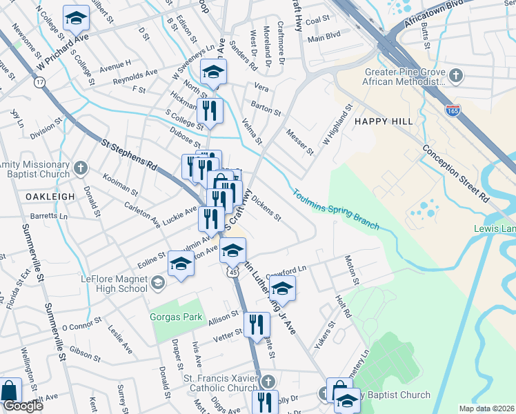map of restaurants, bars, coffee shops, grocery stores, and more near 2221 Craft Court in Mobile
