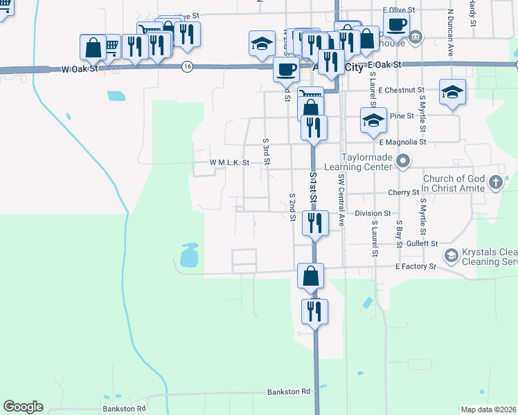 map of restaurants, bars, coffee shops, grocery stores, and more near 413 Sycamore Street in Amite City