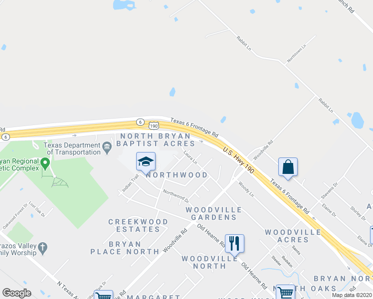 map of restaurants, bars, coffee shops, grocery stores, and more near 3401 Timberline Court in Bryan