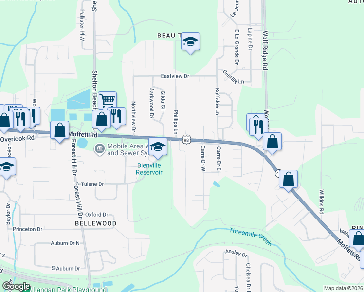 map of restaurants, bars, coffee shops, grocery stores, and more near 1320 Stevens Lane in Mobile