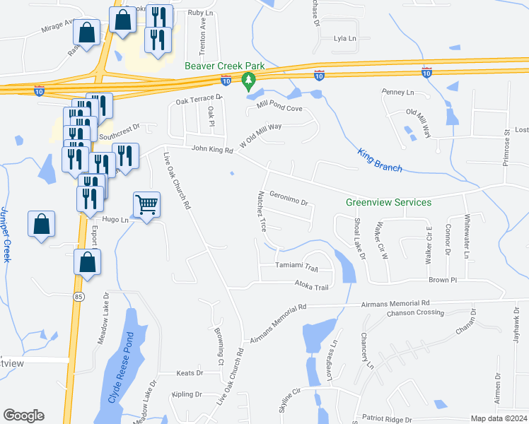 map of restaurants, bars, coffee shops, grocery stores, and more near 2802 Mohican Way in Crestview