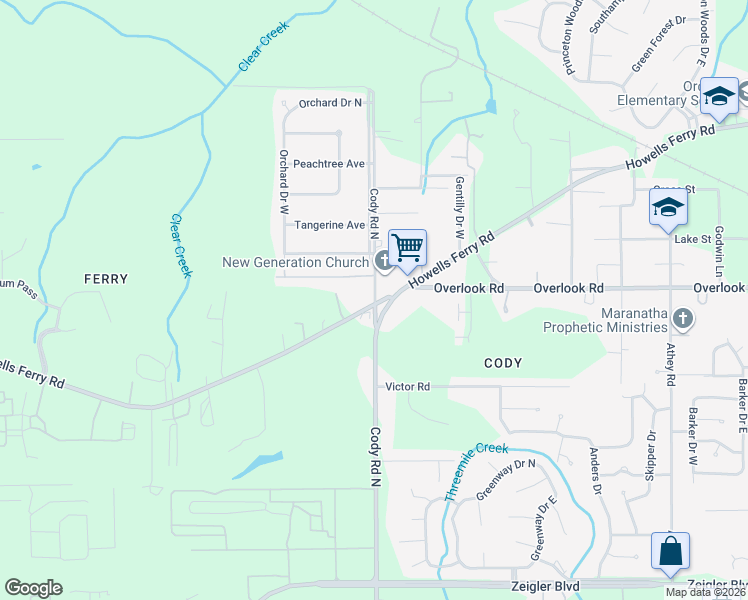 map of restaurants, bars, coffee shops, grocery stores, and more near 1408 Cody Road North in Mobile